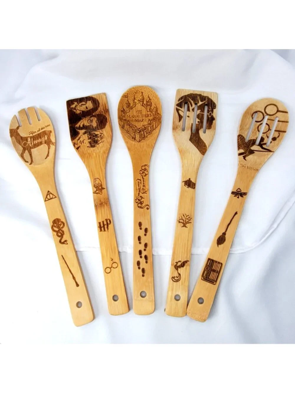 Harry Potter Engraved Bamboo Cooking Utensils Set Of 5 Never used